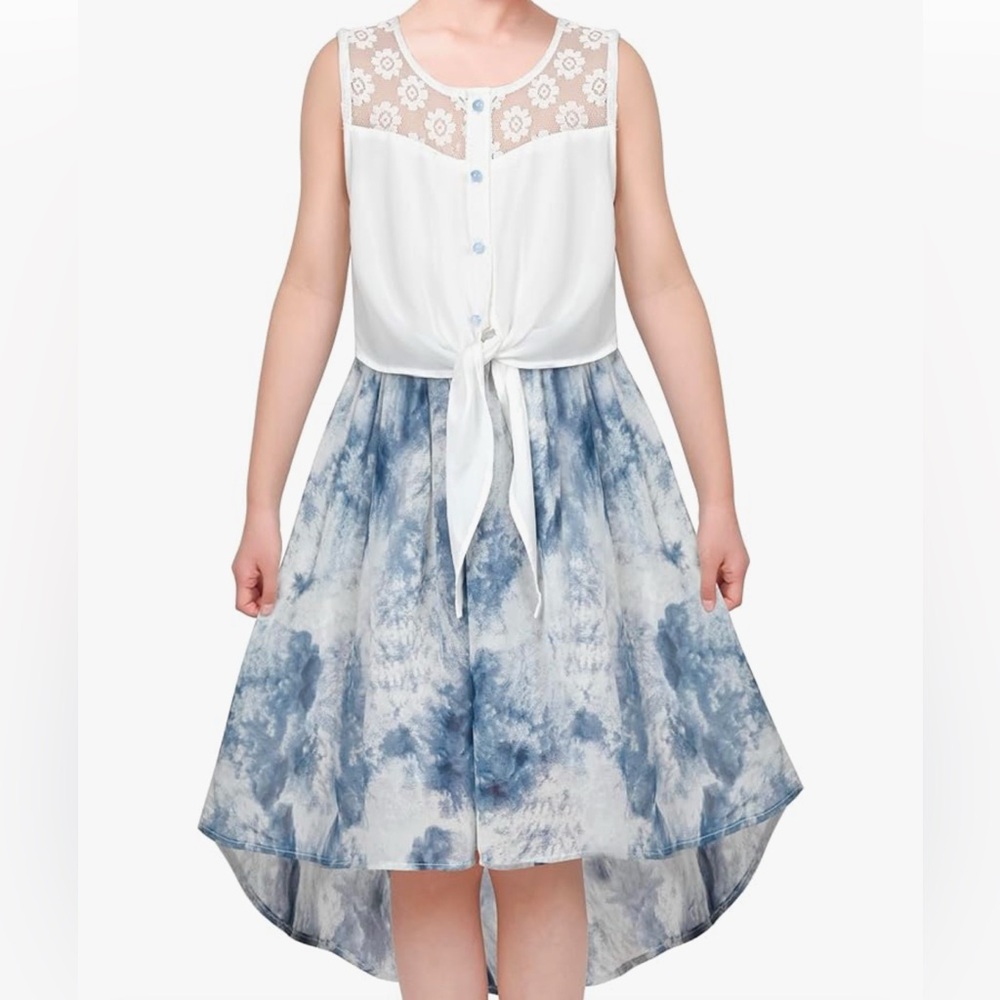 Tie-front blue and white dress